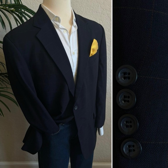 OSCAR DE LA RENTA SIZE 44 BLAZER SPORT COAT NAVY BLUE WINDOWPANE SUIT JACKET